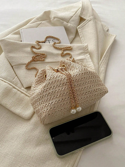 Fashion Solid Color Hollow Out Woven Chain Drawstring Mini Crossbody Bucket Bag