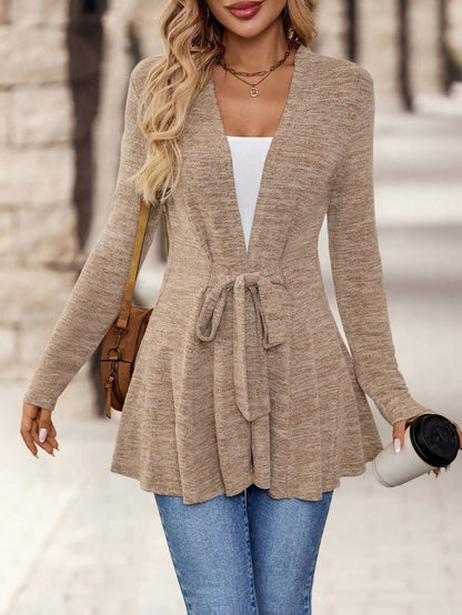 EMERY ROSE Women's Simple Daily Long Sleeve Tie Knot Outerwear,Ladies Late Fall Casual Belted Regular Sleeve Loose Khaki Plain Women Coats,Casual Daily Wear