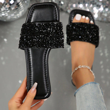 Women's Summer Beach Slippers, Rhinestones, Casual Fashion Slippers, Square Open Toe Flat Sandals, Indoor And Outdoor Valentines