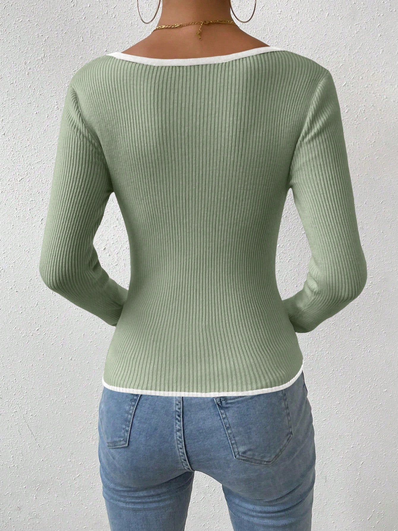 RosyDaze Contrast Binding Sweetheart Neck Ribbed Knit Sweater,Long Sleeve Tops Knit Pullover Fall Winter Outfit