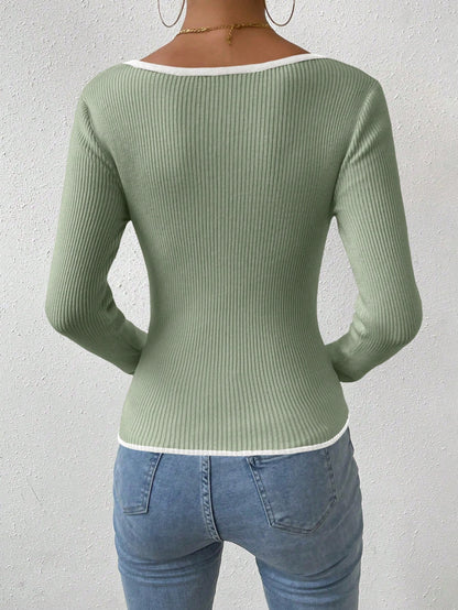 RosyDaze Contrast Binding Sweetheart Neck Ribbed Knit Sweater,Long Sleeve Tops Knit Pullover Fall Winter Outfit