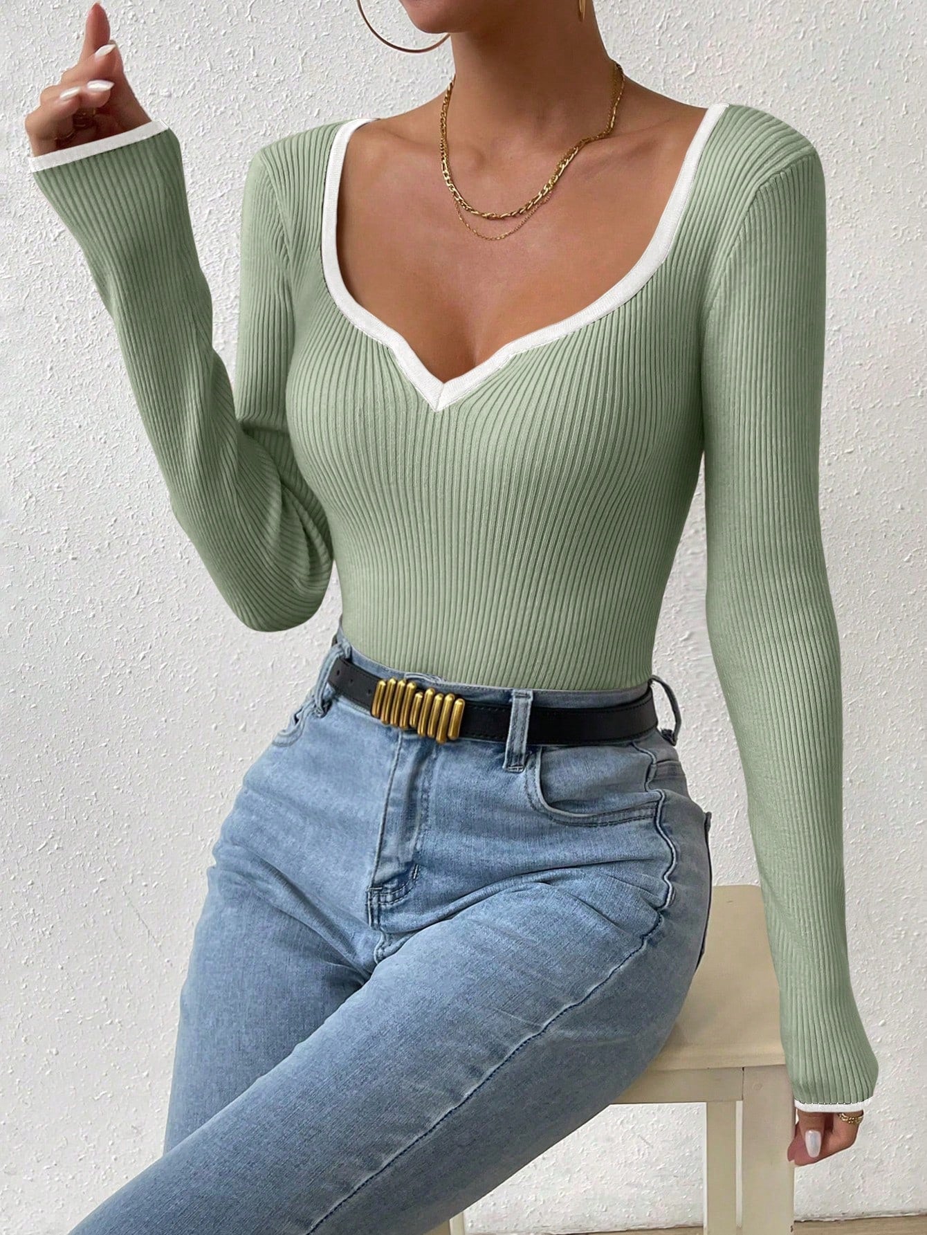 RosyDaze Contrast Binding Sweetheart Neck Ribbed Knit Sweater,Long Sleeve Tops Knit Pullover Fall Winter Outfit