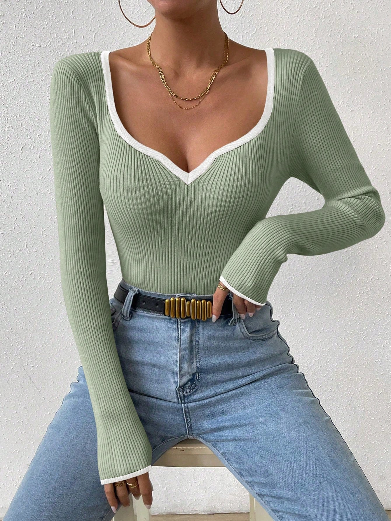 RosyDaze Contrast Binding Sweetheart Neck Ribbed Knit Sweater,Long Sleeve Tops Knit Pullover Fall Winter Outfit