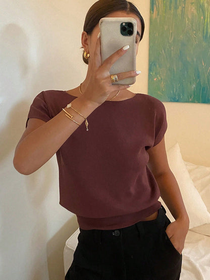 Livesso Solid Color Slim Fit Short Sleeve Knitted Top For Women Summer,Teacher Outfits