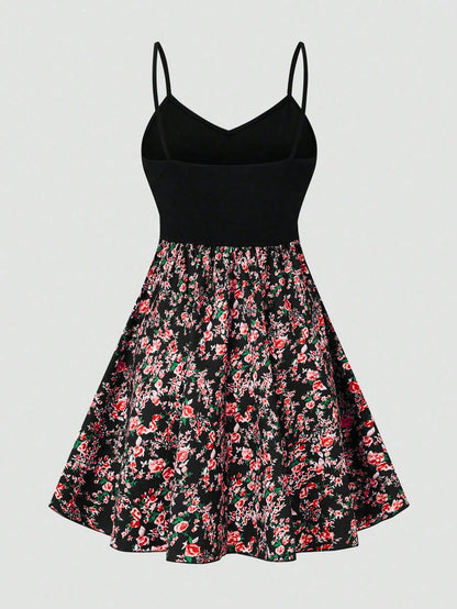 SHEIN LUNE Women's Floral Print Patchwork Slip Dress, Casual Vacation Style