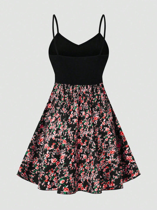 SHEIN LUNE Women's Floral Print Patchwork Slip Dress, Casual Vacation Style