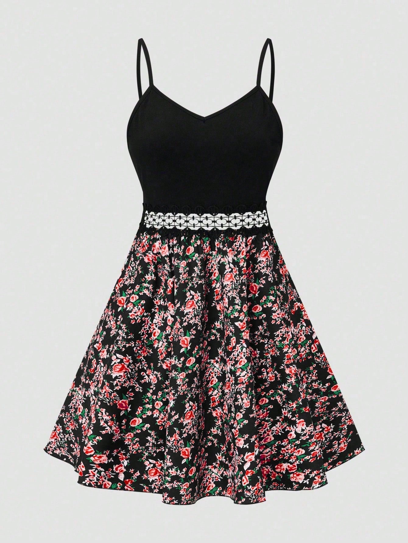 SHEIN LUNE Women's Floral Print Patchwork Slip Dress, Casual Vacation Style