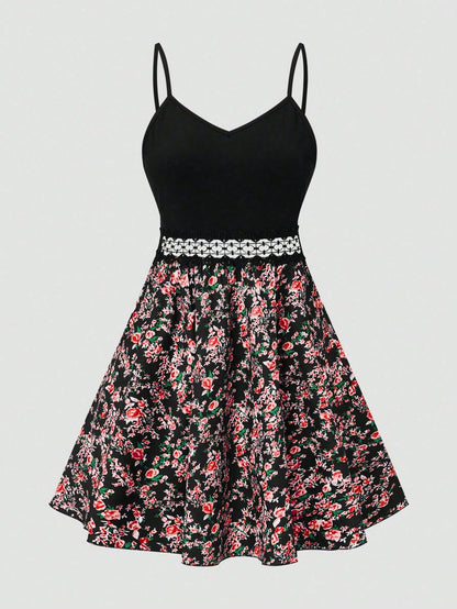 SHEIN LUNE Women's Floral Print Patchwork Slip Dress, Casual Vacation Style