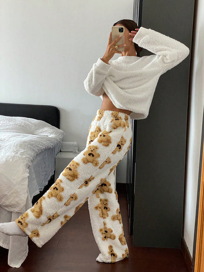 DAZY Plush Bear Print All Over Graphic Straight Leg Pajama Pants