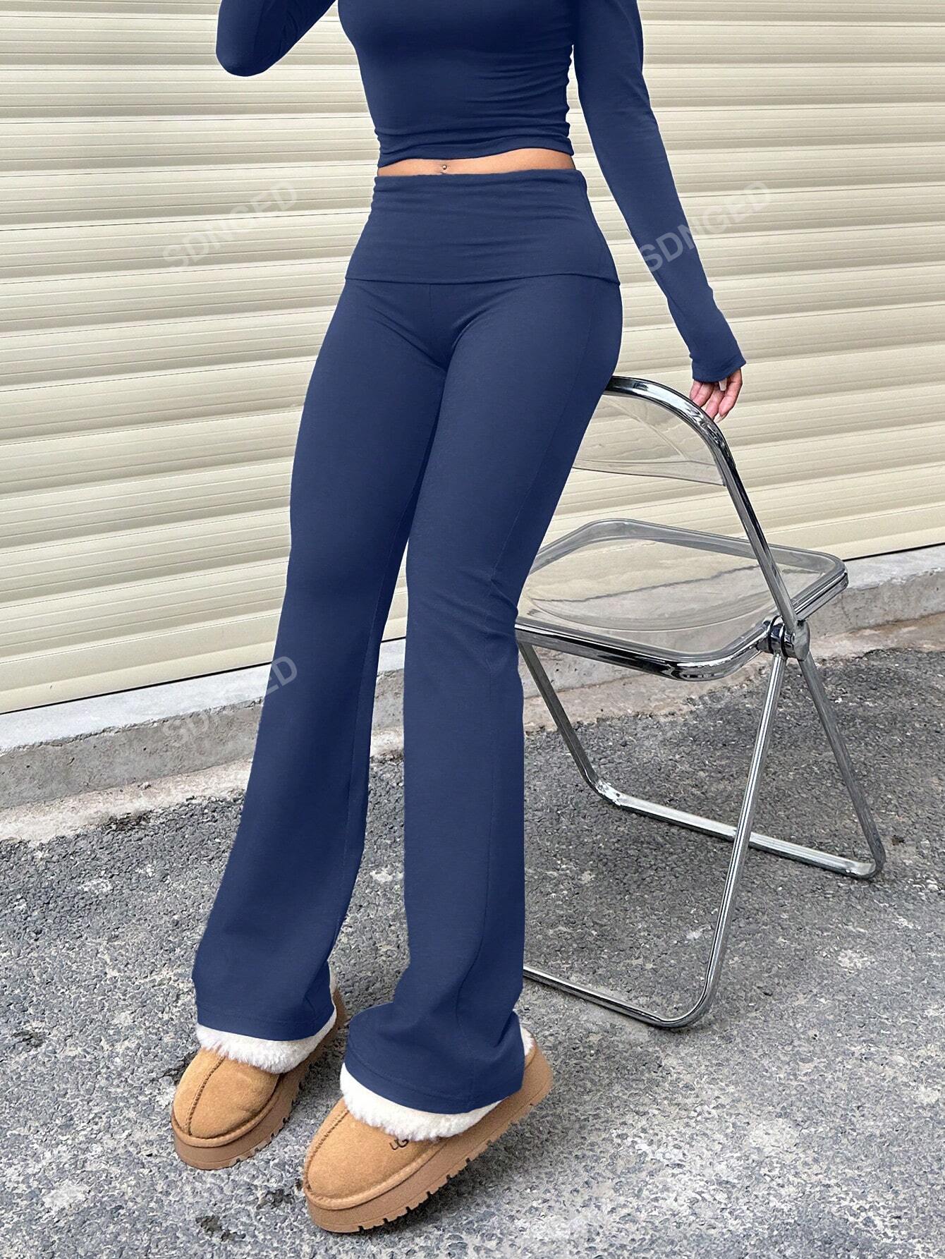 Women's Casual Solid Color Wide-Waist Flare Pants, Leggings Fold-Over Waist High Waist Ruched Slim Fit