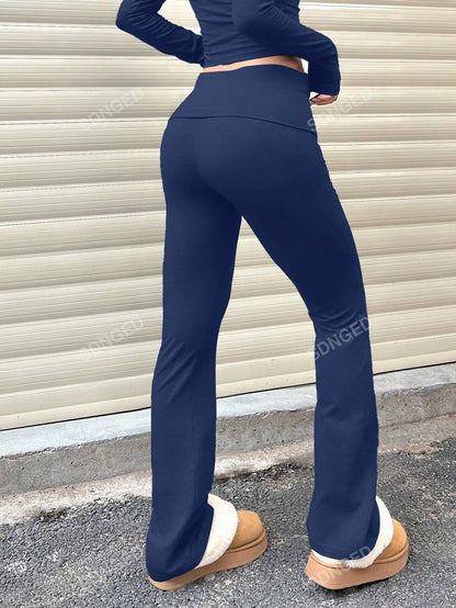 Women's Casual Solid Color Wide-Waist Flare Pants, Leggings Fold-Over Waist High Waist Ruched Slim Fit