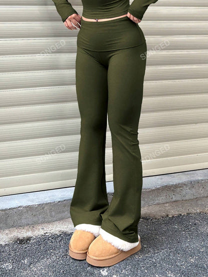 Women's Casual Solid Color Wide-Waist Flare Pants, Leggings Fold-Over Waist High Waist Ruched Slim Fit