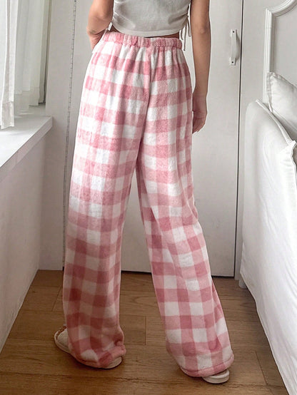 DAZY Plaid Pattern Fleece Straight Leg Loungewear Pants