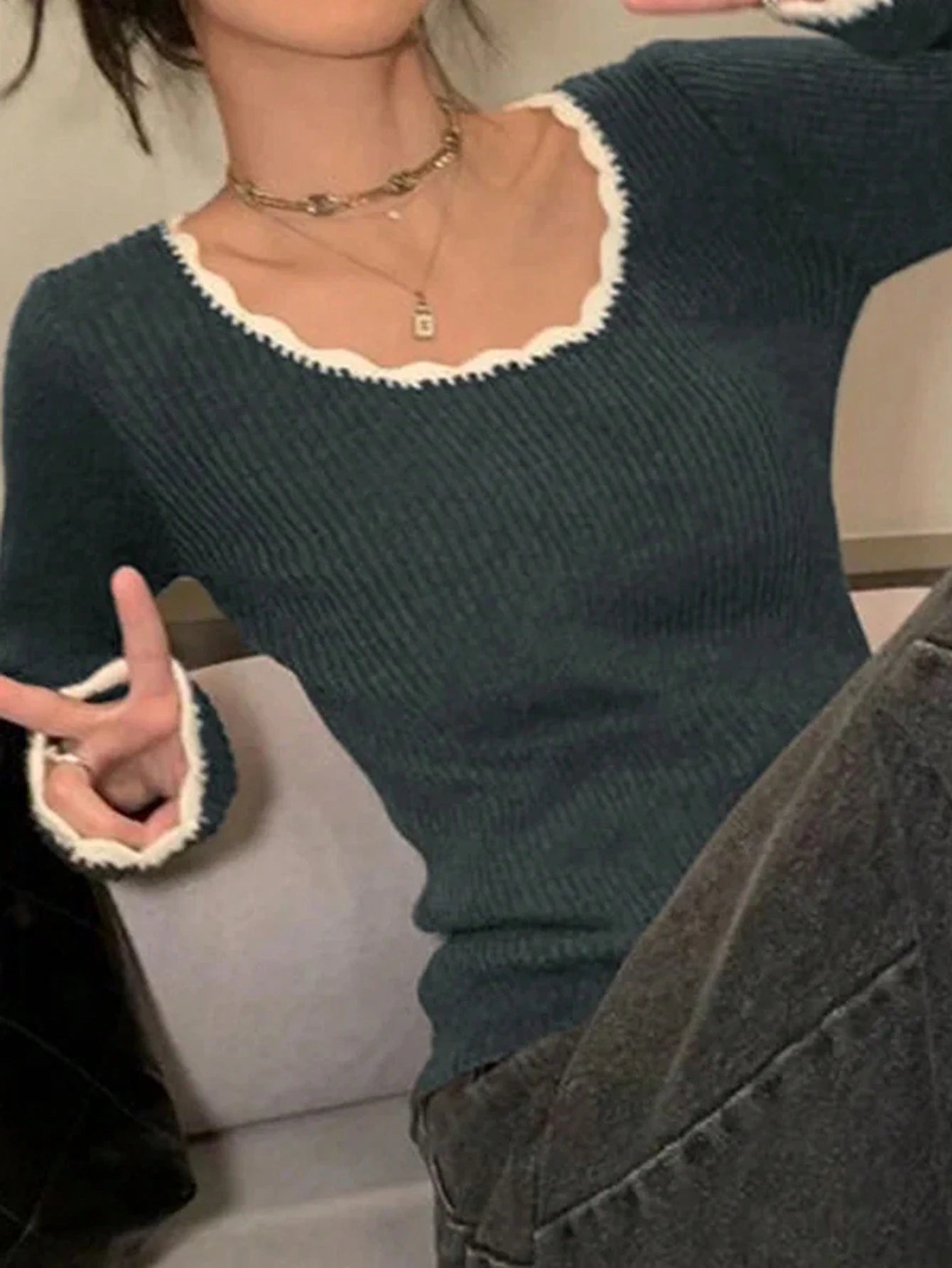 INAWLY Women's Colorblock Collar Casual Long Sleeve Sweater Knit Pullover Fall Winter Outfit