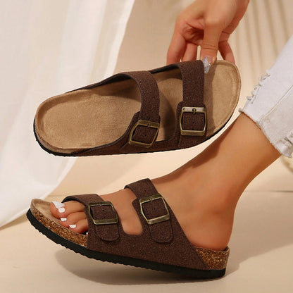 Women's Comfort Straps Adjustable Buckle Slip On Sandals Slide Cork Footbed Sandals