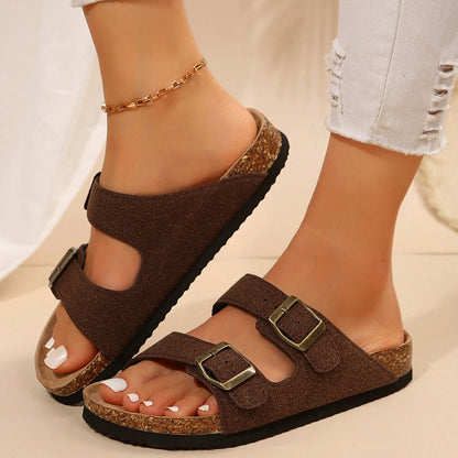 Women's Comfort Straps Adjustable Buckle Slip On Sandals Slide Cork Footbed Sandals