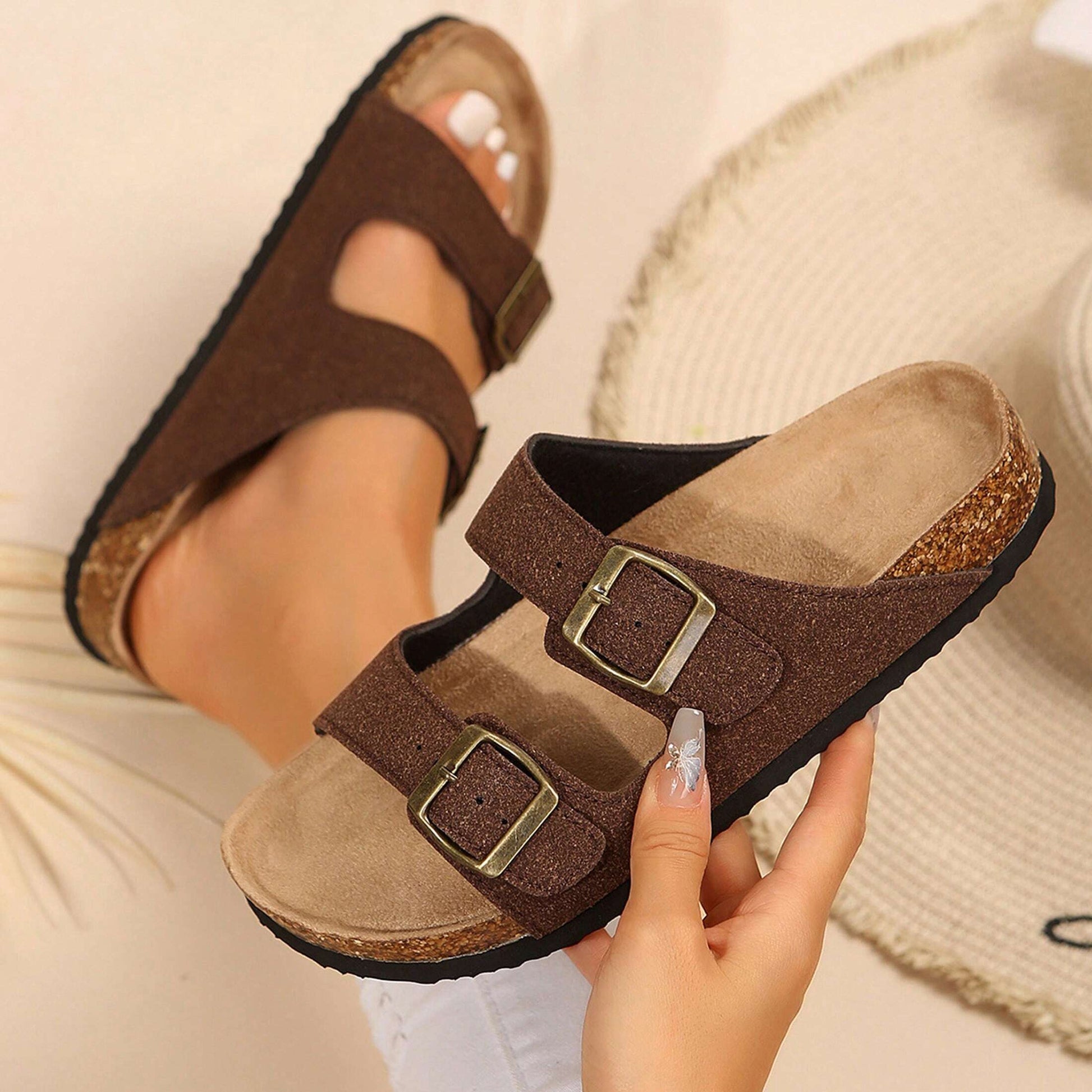 Women's Comfort Straps Adjustable Buckle Slip On Sandals Slide Cork Footbed Sandals