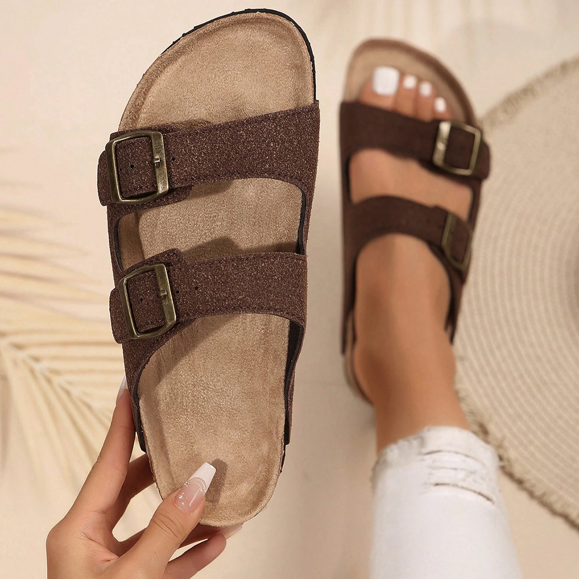 Women's Comfort Straps Adjustable Buckle Slip On Sandals Slide Cork Footbed Sandals