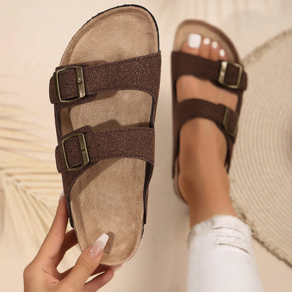 Women's Comfort Straps Adjustable Buckle Slip On Sandals Slide Cork Footbed Sandals