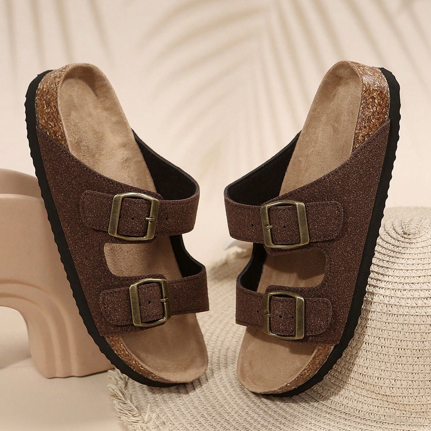 Women's Comfort Straps Adjustable Buckle Slip On Sandals Slide Cork Footbed Sandals