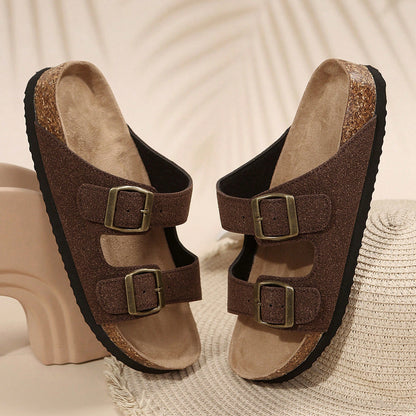 Women's Comfort Straps Adjustable Buckle Slip On Sandals Slide Cork Footbed Sandals