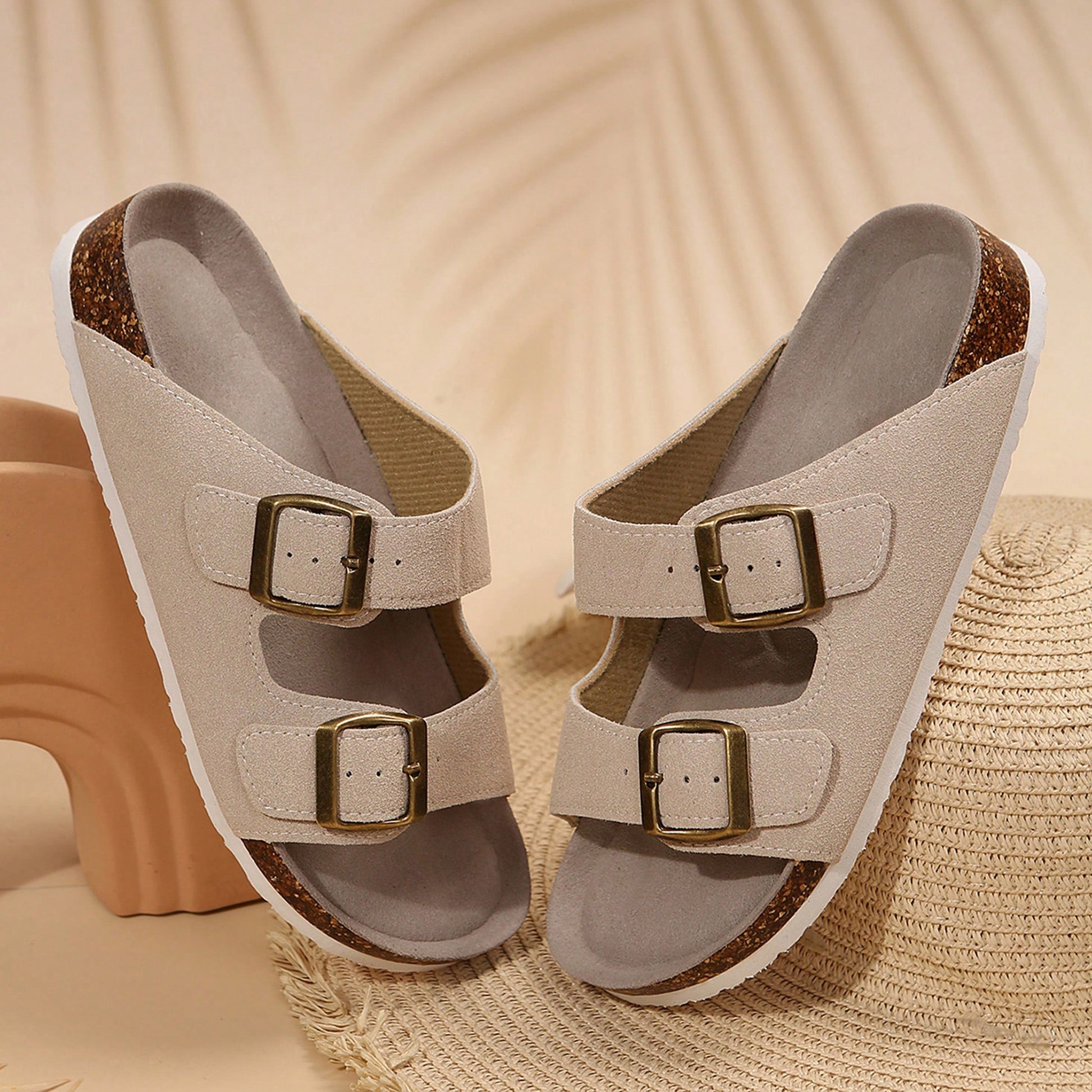 Women's Comfort Straps Adjustable Buckle Slip On Sandals Slide Cork Footbed Sandals