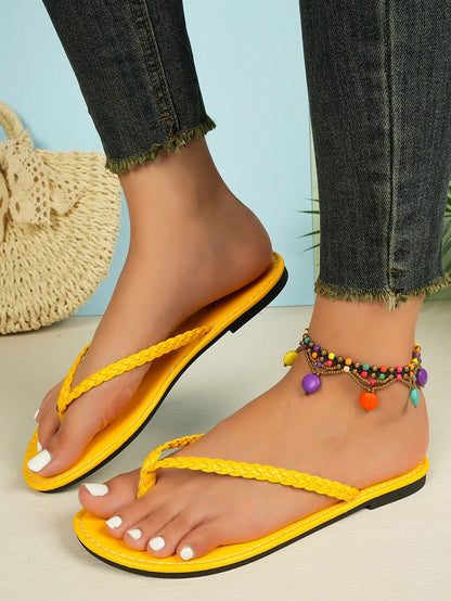 Fashionable Woven Flat Sandals Women's Toe-Strap Flip Flops