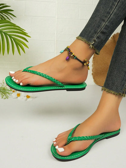 Fashionable Woven Flat Sandals Women's Toe-Strap Flip Flops