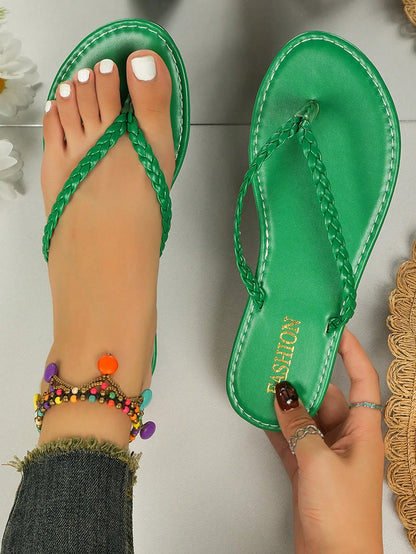 Fashionable Woven Flat Sandals Women's Toe-Strap Flip Flops