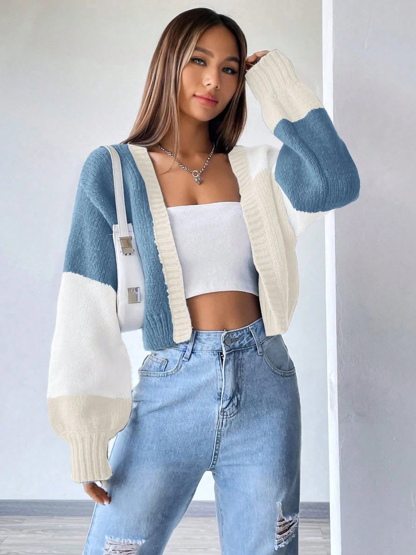 Flirla Colorblock Drop Shoulder Duster Cardigan,Long Sleeve Tops Fall Winter Cloth For Women