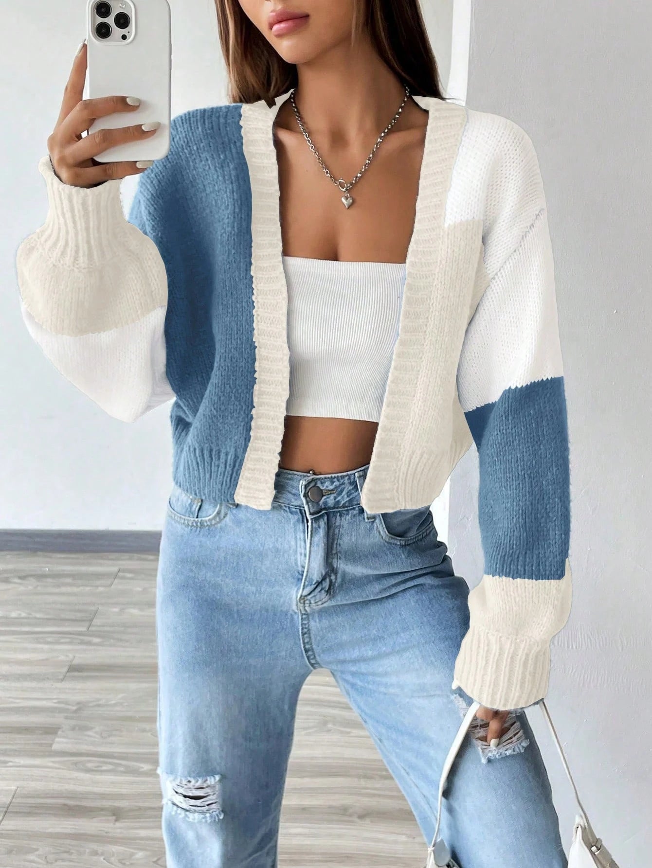 Flirla Colorblock Drop Shoulder Duster Cardigan,Long Sleeve Tops Fall Winter Cloth For Women