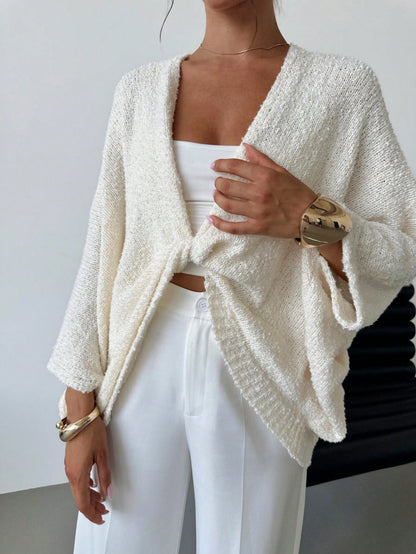 Aloruh Women's Crossed Deep V-Neck Loose Elegant Minimal Sweater,Long Sleeve Tops, Fall And Winter, Casual, White, Longsleeve, Baggy,Knitted Sweater