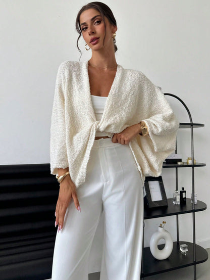 Aloruh Women's Crossed Deep V-Neck Loose Elegant Minimal Sweater,Long Sleeve Tops, Fall And Winter, Casual, White, Longsleeve, Baggy,Knitted Sweater