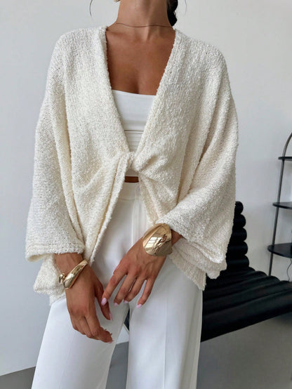 Aloruh Women's Crossed Deep V-Neck Loose Elegant Minimal Sweater,Long Sleeve Tops, Fall And Winter, Casual, White, Longsleeve, Baggy,Knitted Sweater