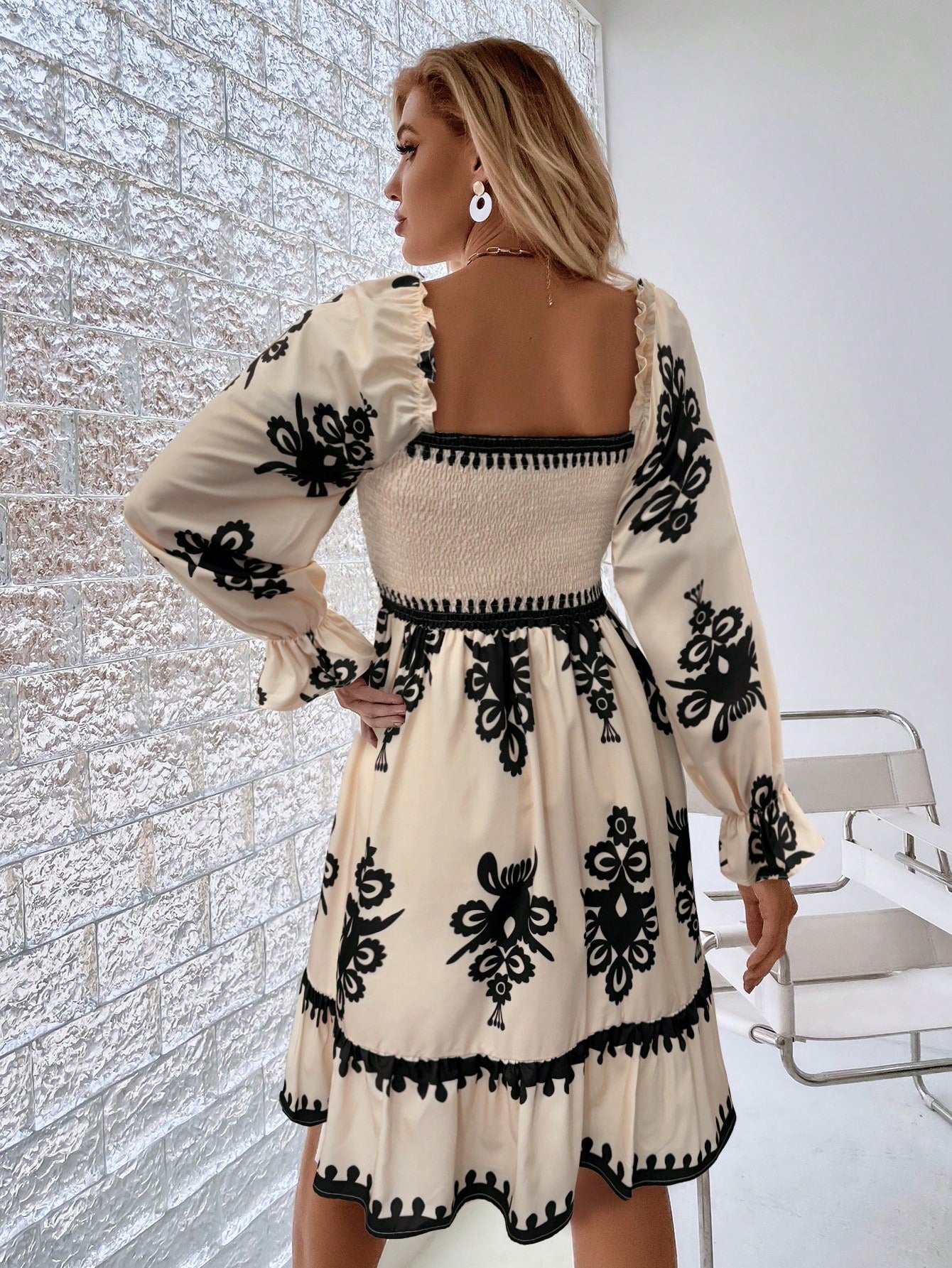 Chiquease Square Neck Shirred Bodice Flounce Sleeve Ruffle Hem Dress Fall Cloth For Women