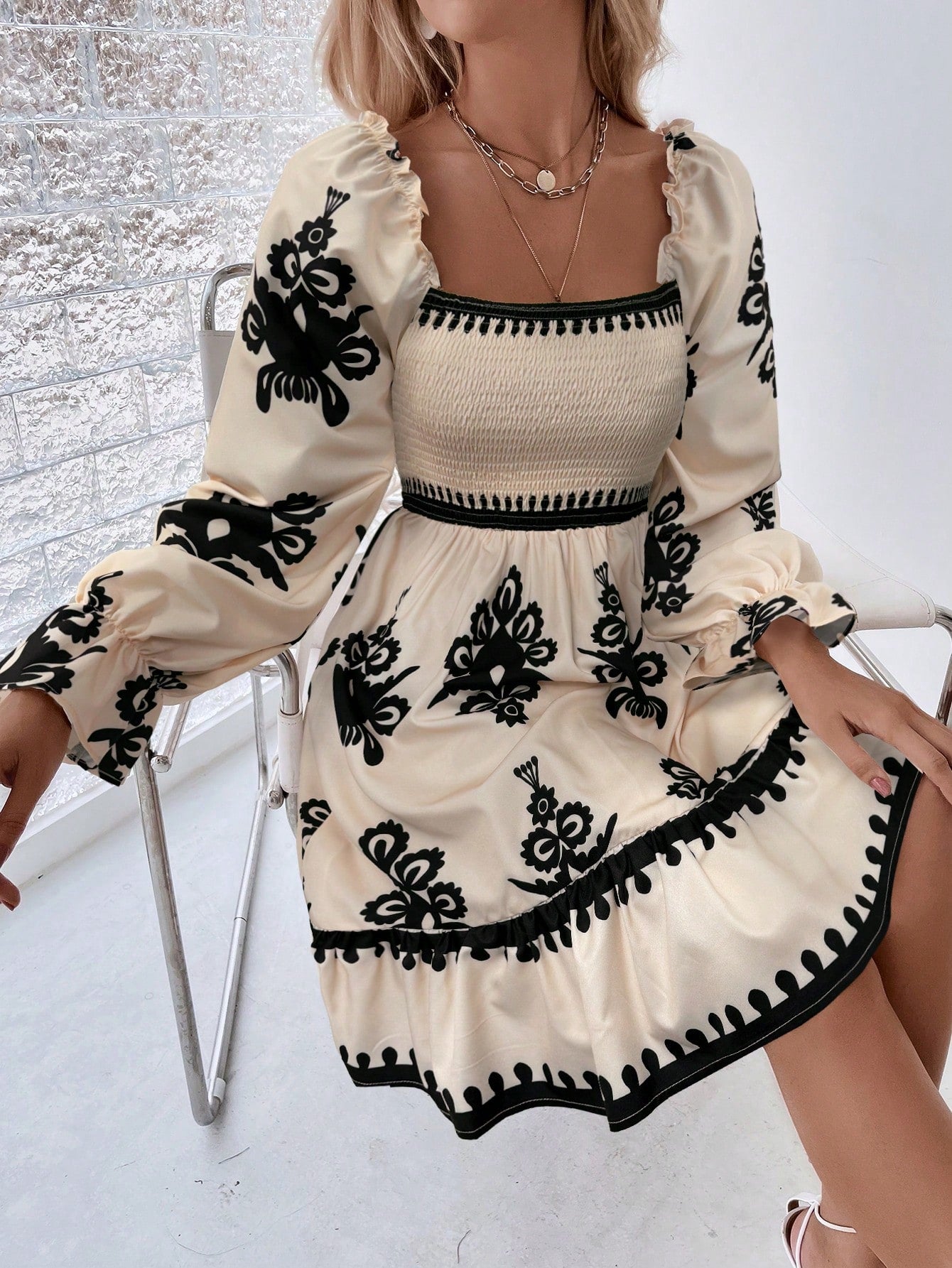 Chiquease Square Neck Shirred Bodice Flounce Sleeve Ruffle Hem Dress Fall Cloth For Women