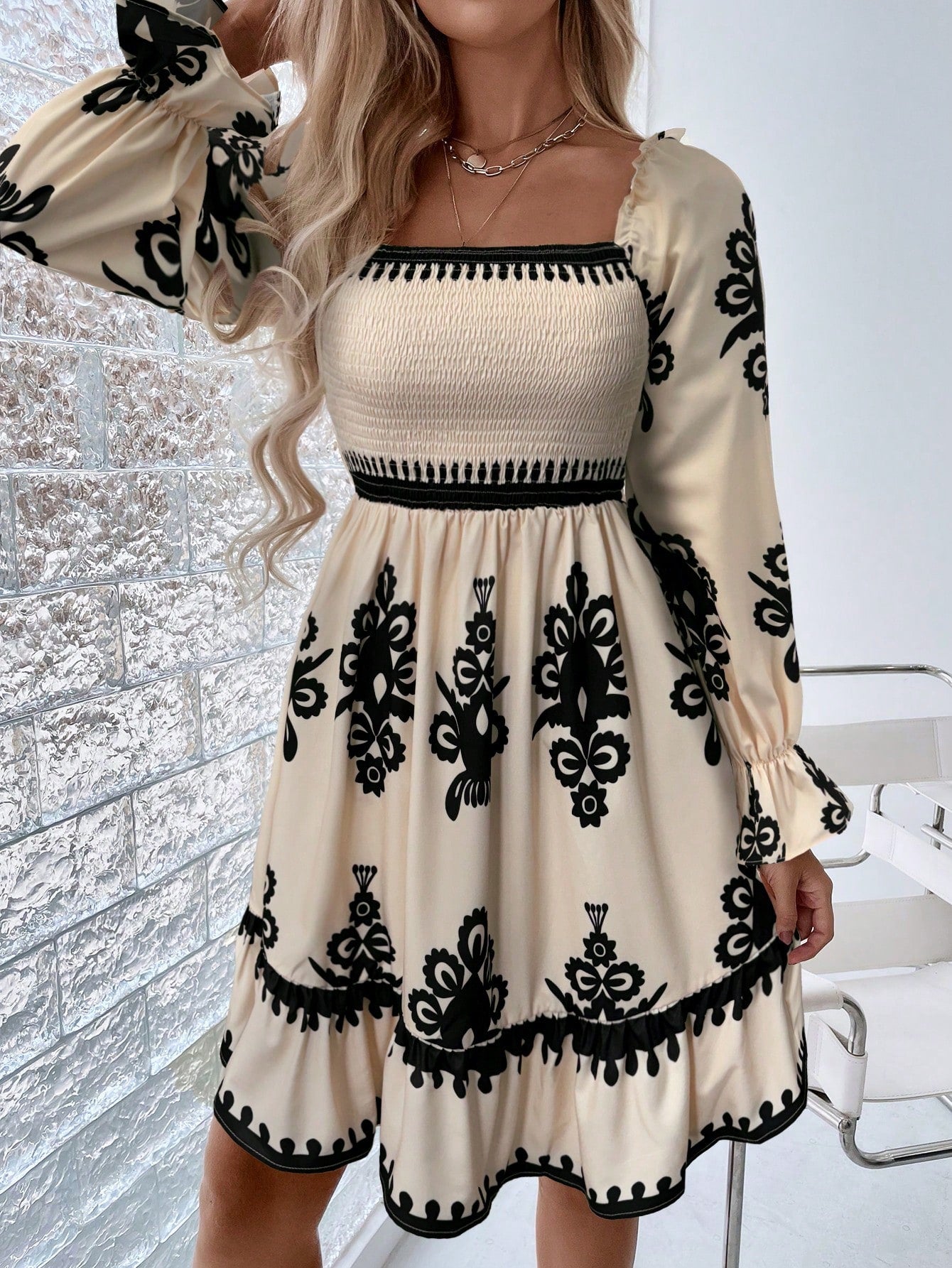 Chiquease Square Neck Shirred Bodice Flounce Sleeve Ruffle Hem Dress Fall Cloth For Women