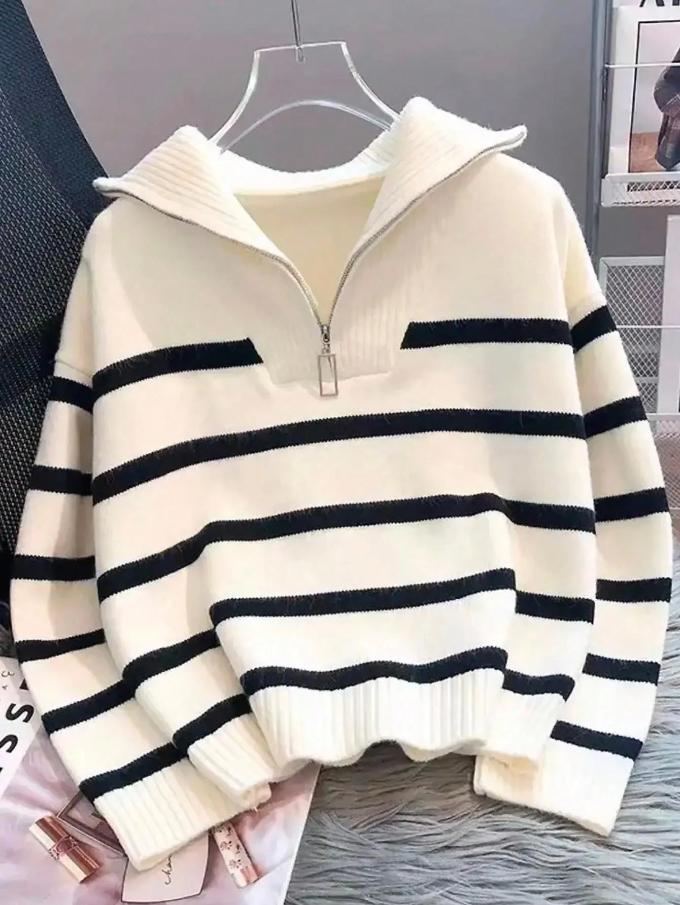 New Autumn/Winter Women Striped Zipper Turtleneck Sweater, Fashion Minimalist Pullover Classic Style,Long Sleeve Tops