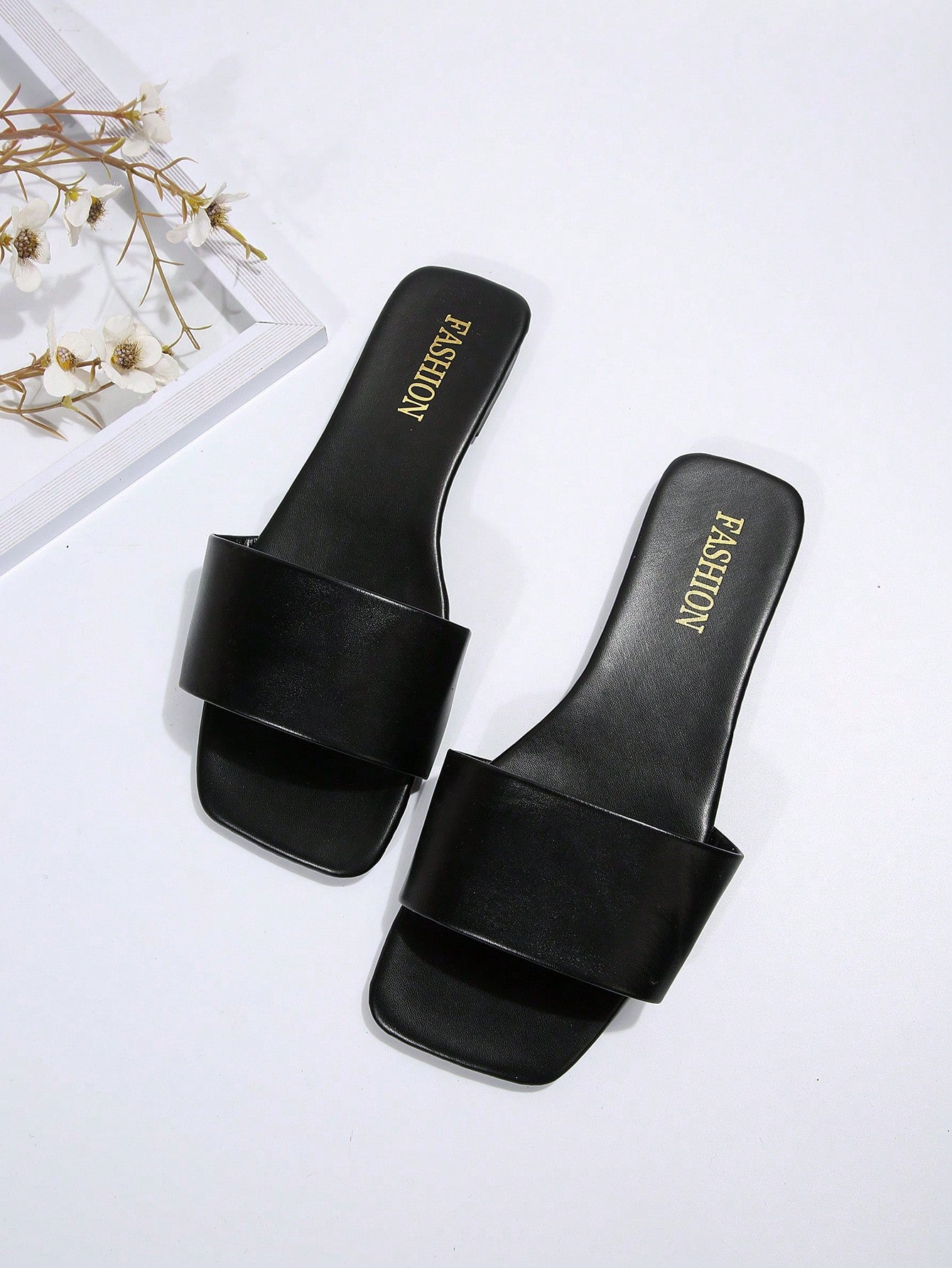 Women's Leather Flat Slide Sandals, Black Lightweight Soft Bottom Low Heel Slip-On Mule Sandals For Summer Casual Wear
