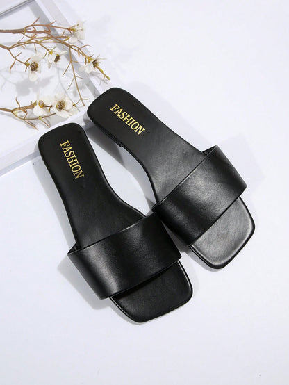 Women's Leather Flat Slide Sandals, Black Lightweight Soft Bottom Low Heel Slip-On Mule Sandals For Summer Casual Wear