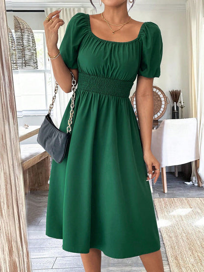 Chiquease 1pc Women Square Collar Puff Sleeve Cinched Waist Palazzo Green Dress, Spring/Summer