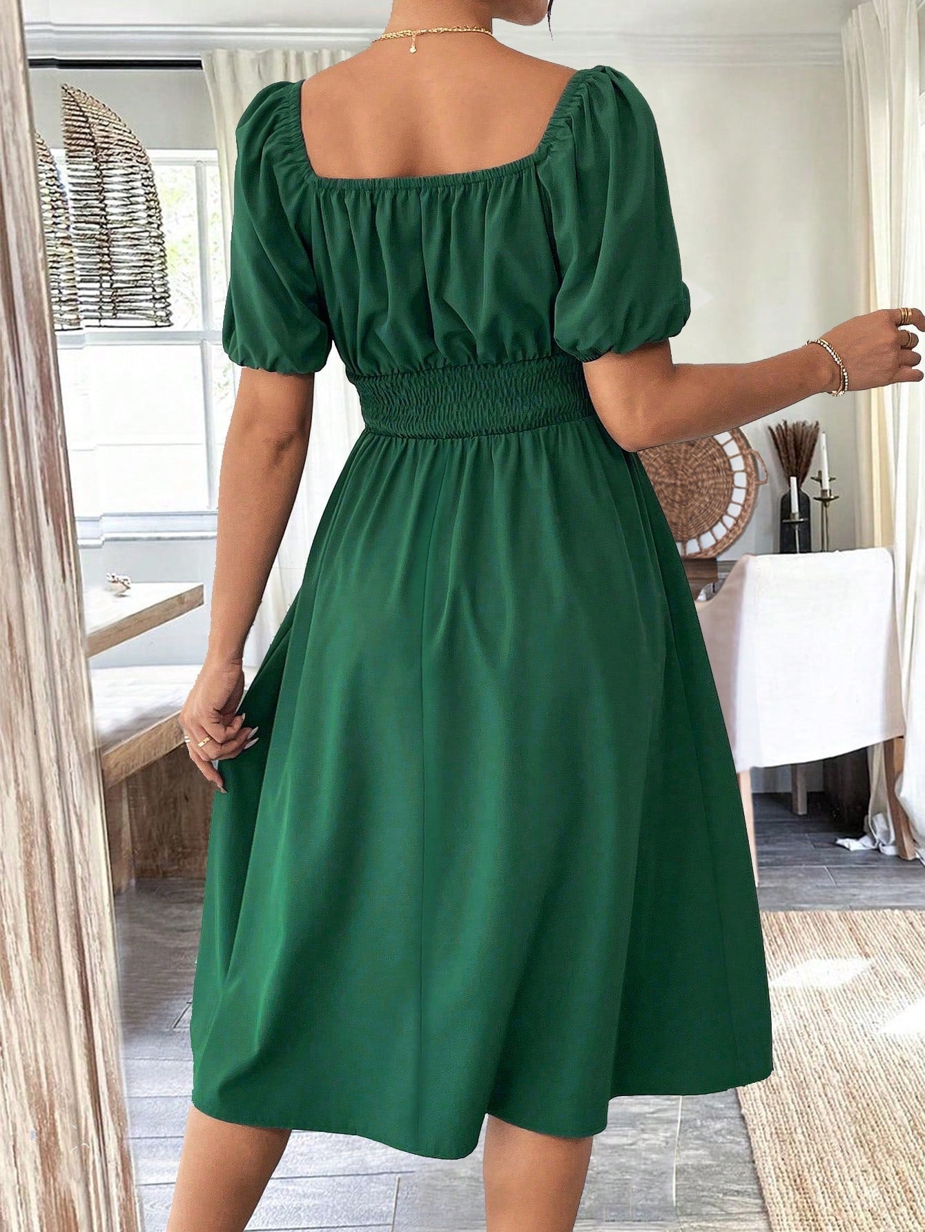 Chiquease 1pc Women Square Collar Puff Sleeve Cinched Waist Palazzo Green Dress, Spring/Summer