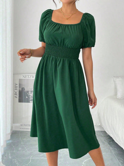 Chiquease 1pc Women Square Collar Puff Sleeve Cinched Waist Palazzo Green Dress, Spring/Summer