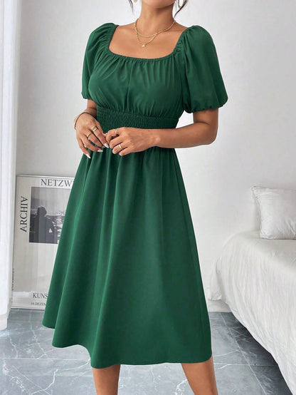 Chiquease 1pc Women Square Collar Puff Sleeve Cinched Waist Palazzo Green Dress, Spring/Summer