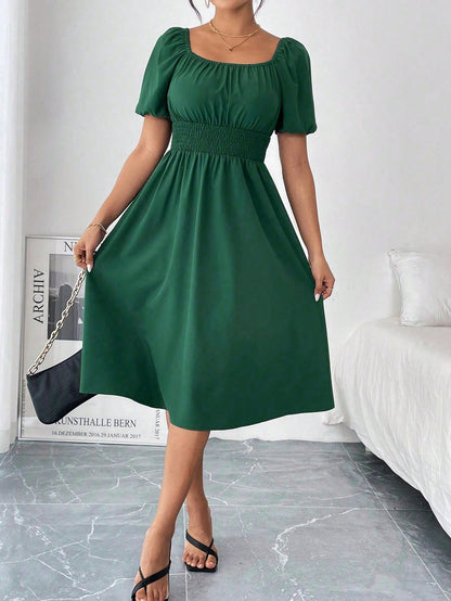 Chiquease 1pc Women Square Collar Puff Sleeve Cinched Waist Palazzo Green Dress, Spring/Summer