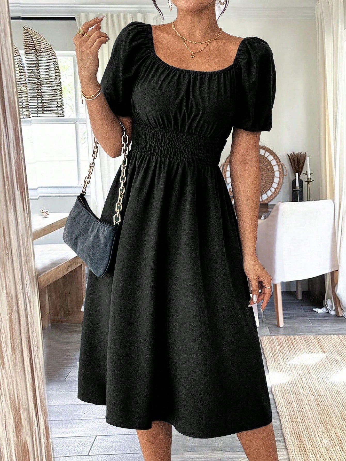 Women Square Collar Puff Sleeve Cinched Waist Palazzo Green Dress, Spring/Summer