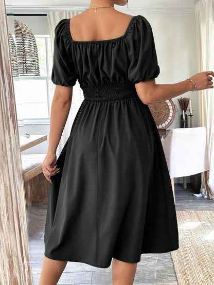 Chiquease 1pc Women Square Collar Puff Sleeve Cinched Waist Palazzo Green Dress, Spring/Summer