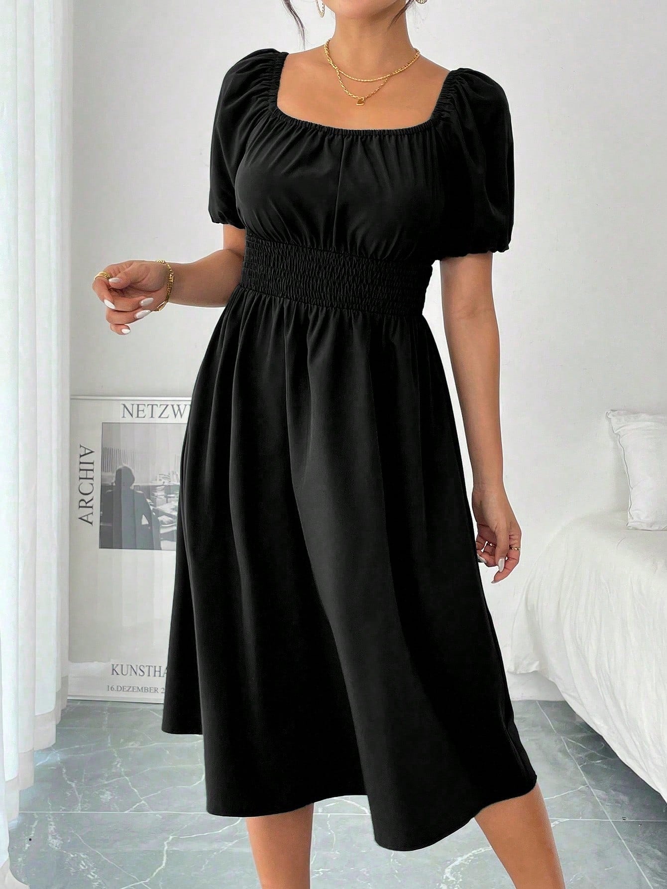 Chiquease 1pc Women Square Collar Puff Sleeve Cinched Waist Palazzo Green Dress, Spring/Summer