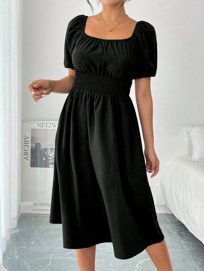 Chiquease 1pc Women Square Collar Puff Sleeve Cinched Waist Palazzo Green Dress, Spring/Summer