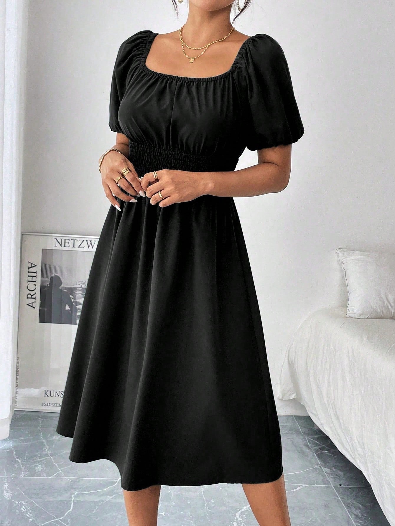 Chiquease 1pc Women Square Collar Puff Sleeve Cinched Waist Palazzo Green Dress, Spring/Summer